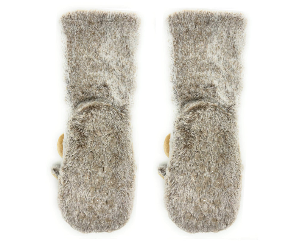 Pair of gray fuzzy socks with non slip grips on soles on a white background