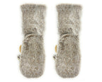 Pair of gray fuzzy socks with non slip grips on soles on a white background