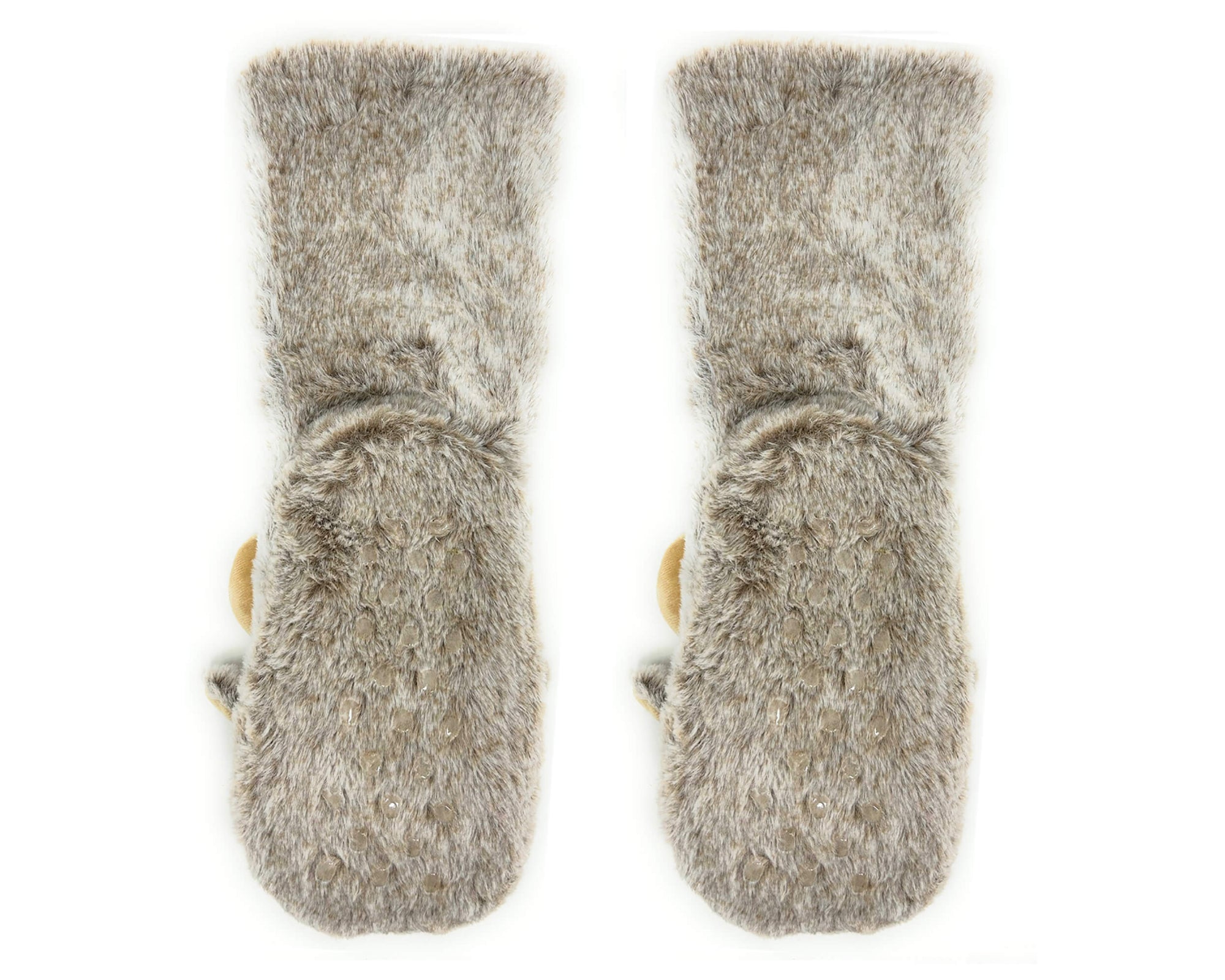Pair of gray fuzzy socks with non slip grips on soles on a white background