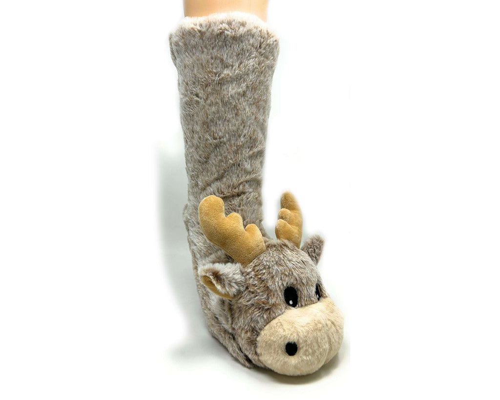 Plush moose sock slipper with a fuzzy texture on a white background
