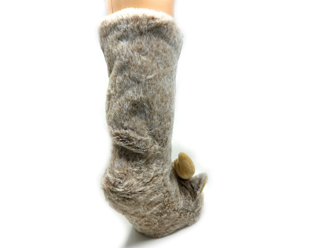 Brown fuzzy slipper socks on a white background