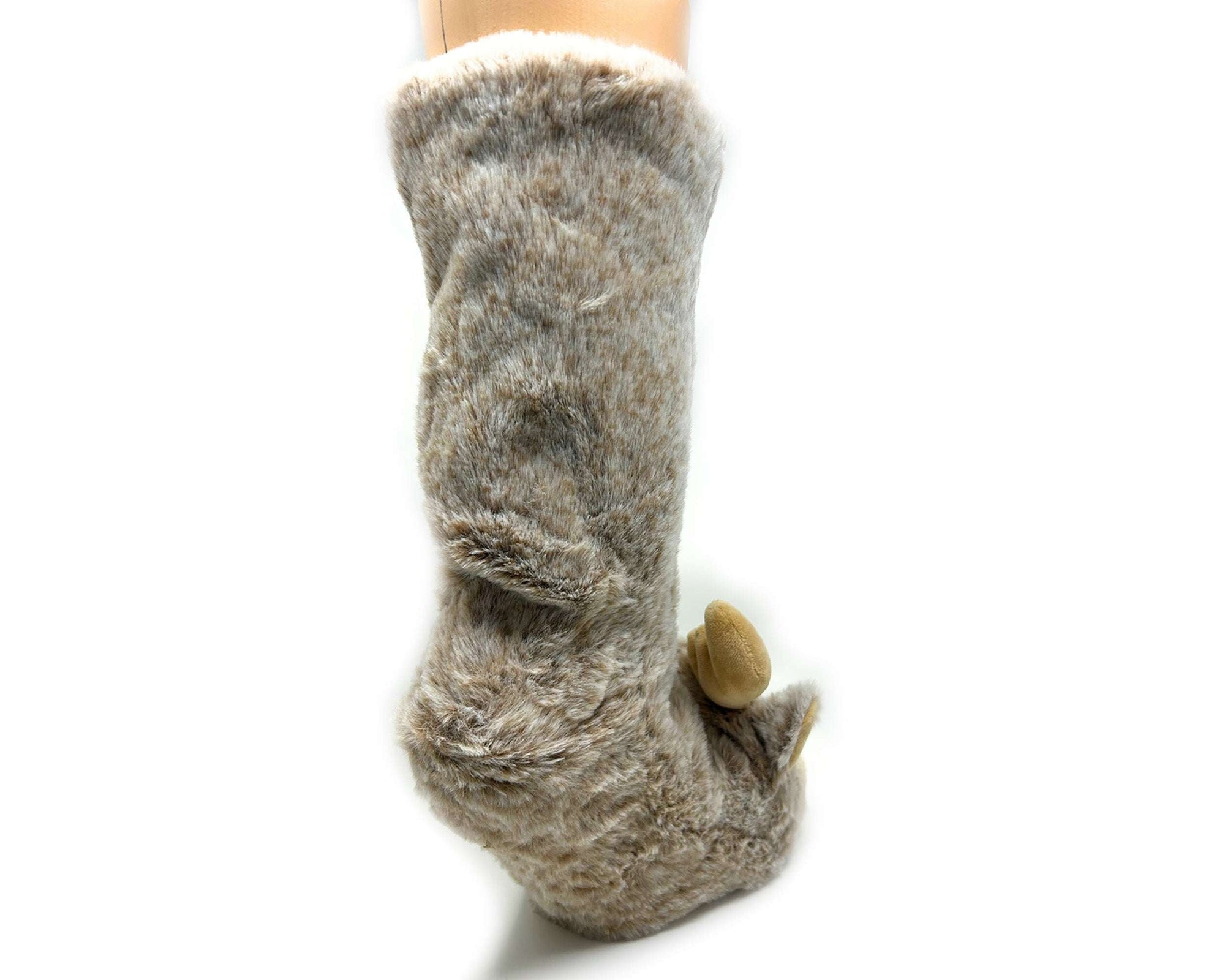 Brown fuzzy slipper socks on a white background