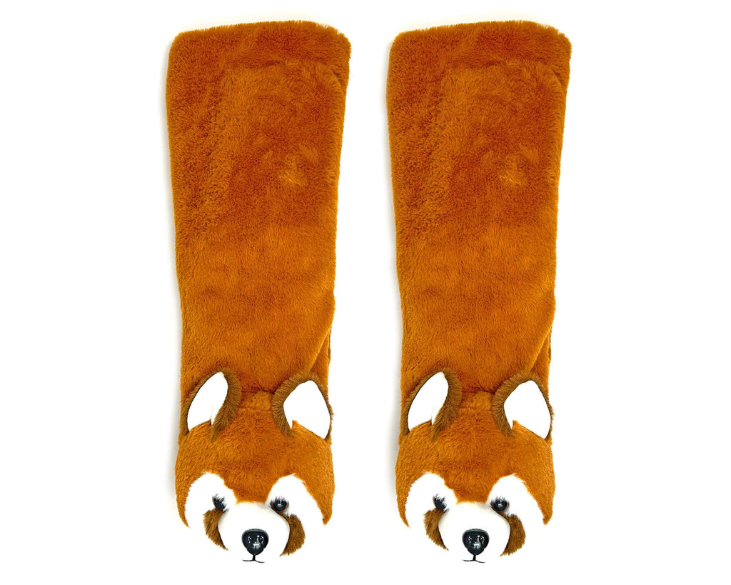 Pair of brown knee-high socks with fox face design on a white background