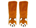 Pair of brown knee-high socks with fox face design on a white background