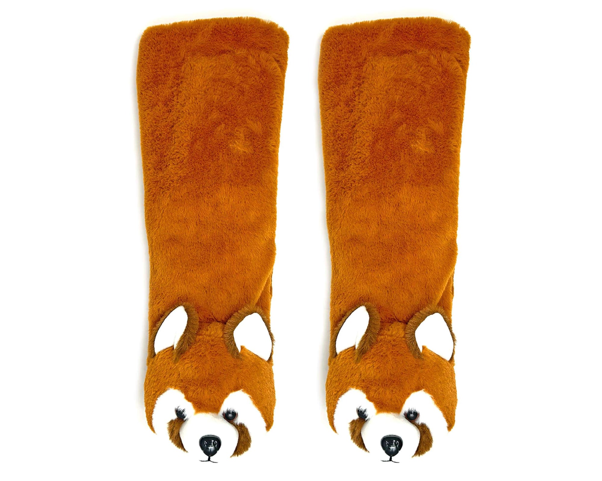 Pair of brown knee-high socks with fox face design on a white background