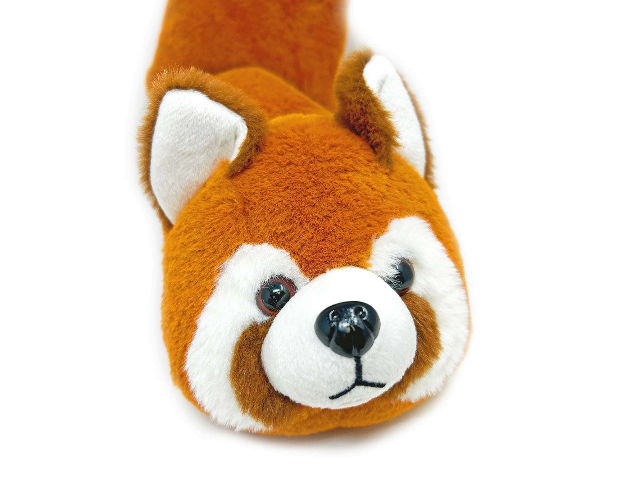Plush slipper shaped like a red panda on a white background