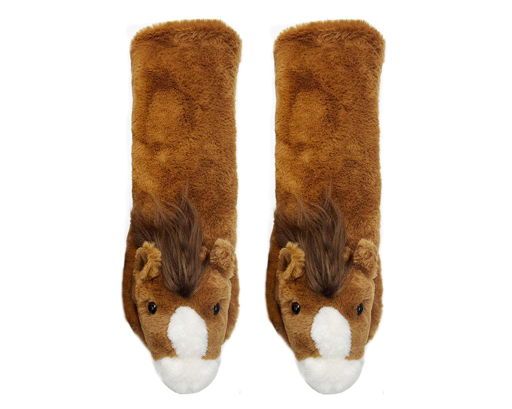 Pair of horse-themed socks with a white background