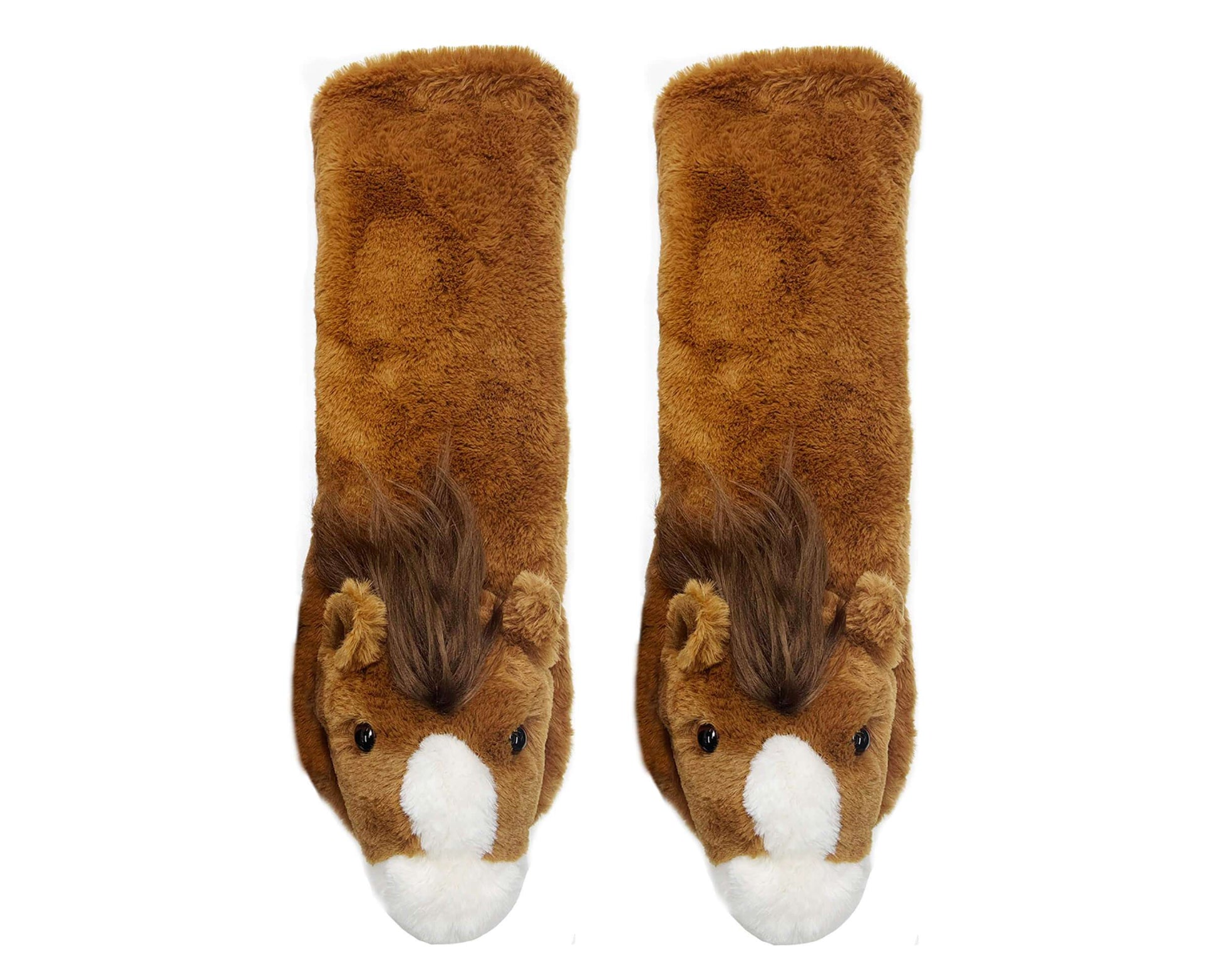 Pair of horse-themed socks with a white background