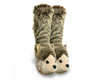 A pair of plush, wolf-themed socks with tall faux-fur legs and wolf heads at the bottom, shown on a plain white background.