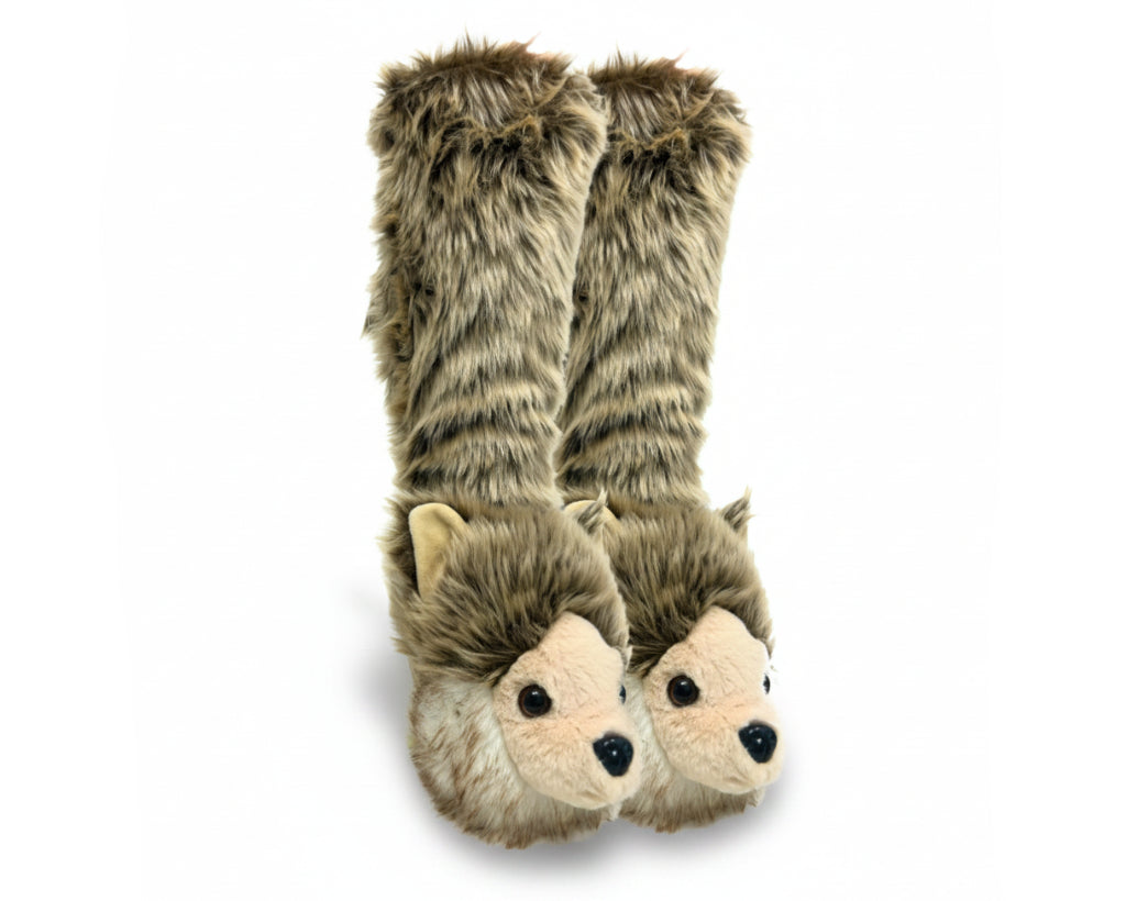 A pair of plush, wolf-themed socks with tall faux-fur legs and wolf heads at the bottom, shown on a plain white background.