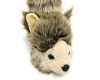 A close-up of a plush wolf head that is a detail on a pair of slipper socks, shown against a plain white background. The head has fluffy brown and gray fur around the head, a cream-colored face, dark eyes, and a black nose.