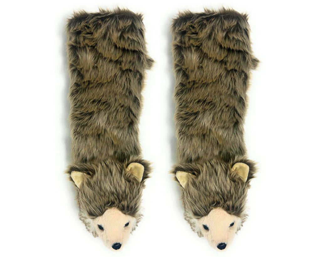 A pair of long, furry socks with wolf heads on the toes, featuring brown and gray fur with cream-colored snouts and ears, shown on a plain white background.