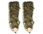 A pair of long, furry socks with wolf heads on the toes, featuring brown and gray fur with cream-colored snouts and ears, shown on a plain white background.