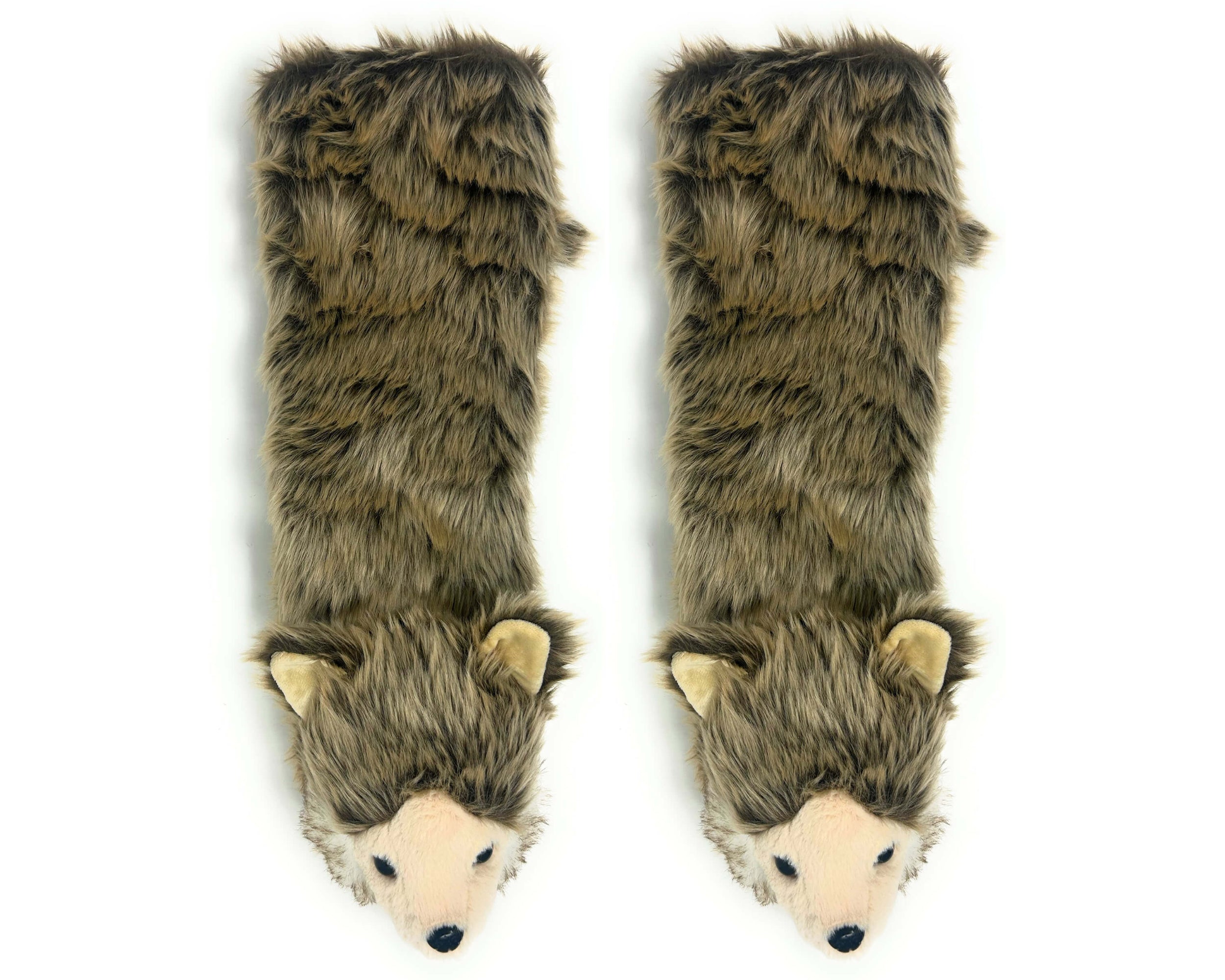 A pair of long, furry socks with wolf heads on the toes, featuring brown and gray fur with cream-colored snouts and ears, shown on a plain white background.