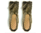 A pair of furry slipper booties with brown and gray faux fur and tan suede soles with non-slip grips, shown against a plain white background.