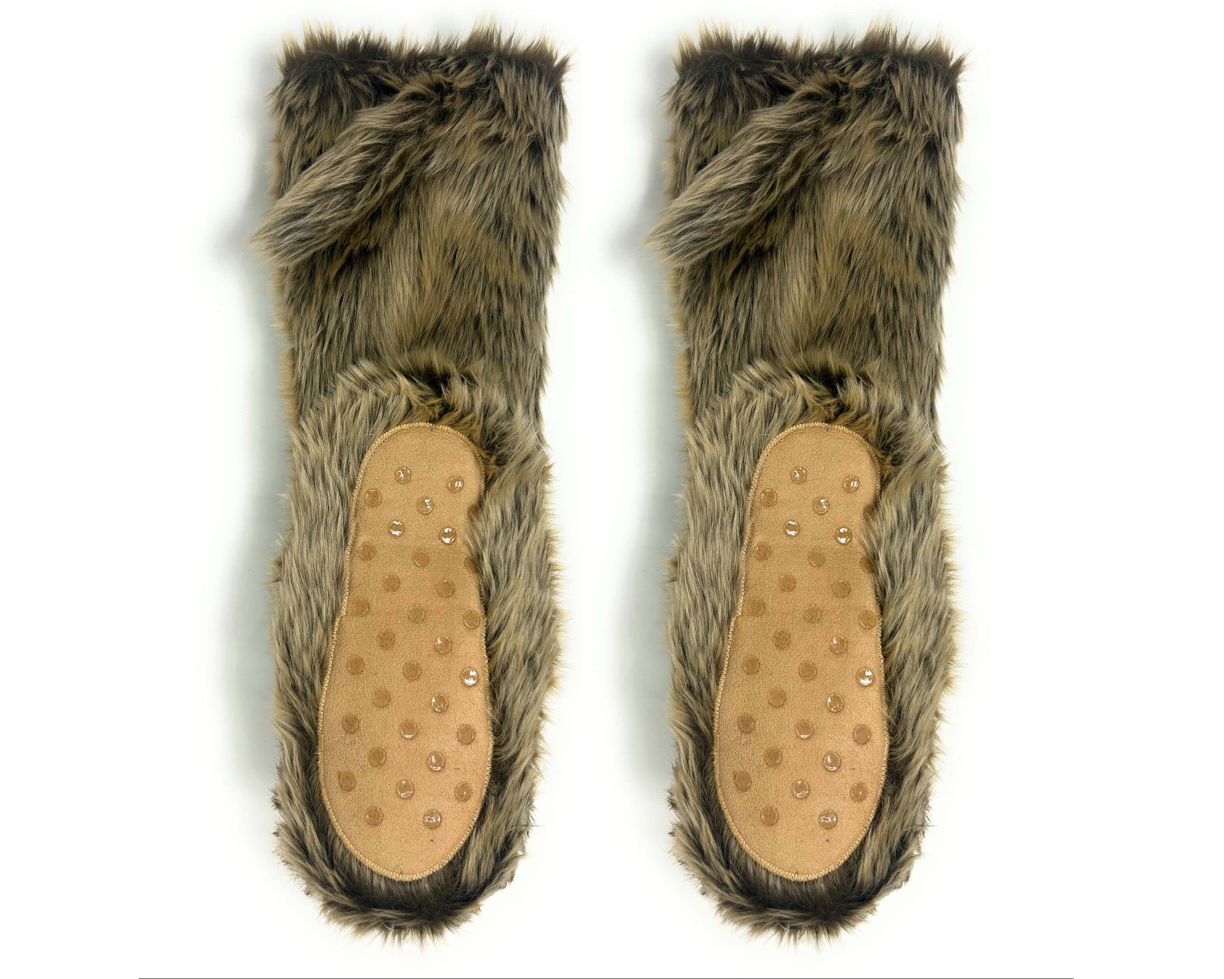 A pair of furry slipper booties with brown and gray faux fur and tan suede soles with non-slip grips, shown against a plain white background.