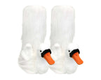 A pair of white plush socks designed to look like swans, featuring fluffy white faux fur and a swan head with an orange beak and black bib on the front.