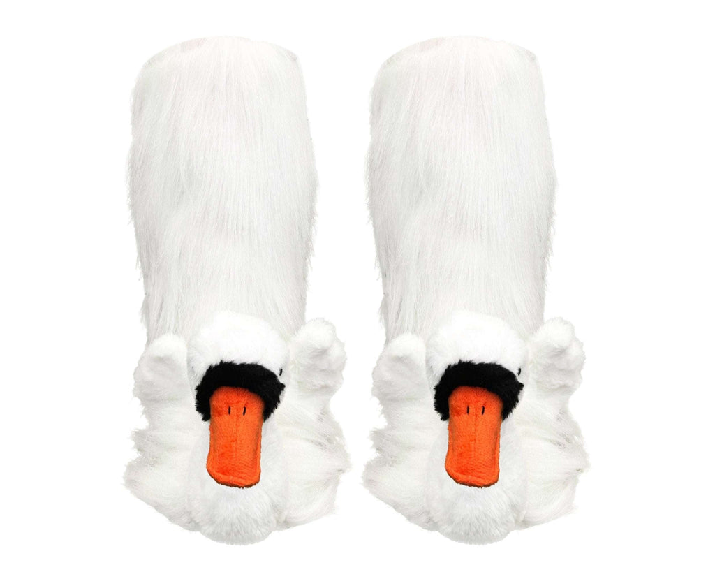 A pair of white plush swan slipper socks with orange beaks and black beak details, shown against a plain white background.