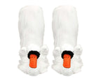 A pair of white plush swan slipper socks with orange beaks and black beak details, shown against a plain white background.