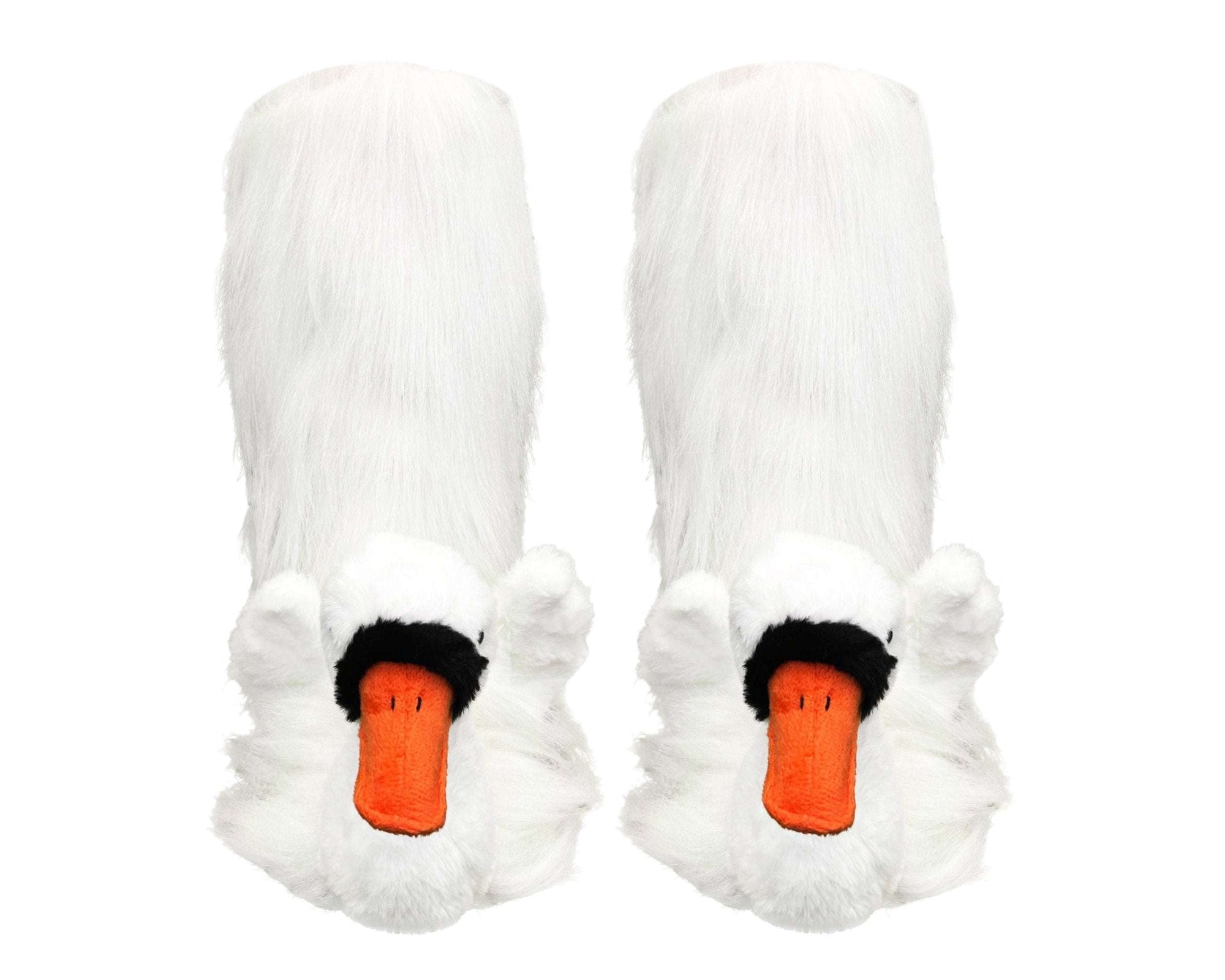 A pair of white plush swan slipper socks with orange beaks and black beak details, shown against a plain white background.