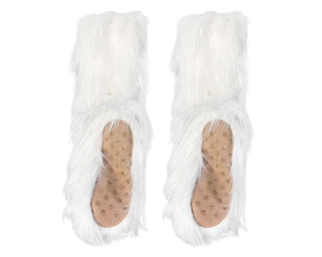 A pair of fluffy white faux-fur slippers with tan non-slip footbeds, shown from a top-down view on a white background.