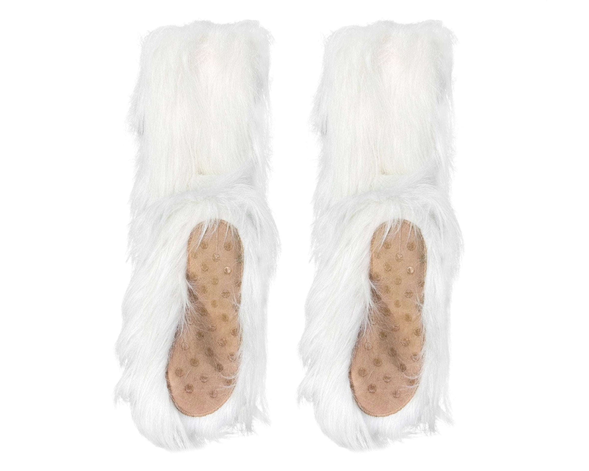 A pair of fluffy white faux-fur slippers with tan non-slip footbeds, shown from a top-down view on a white background.