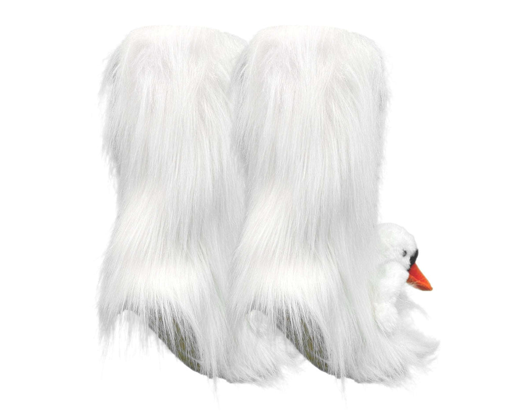 A pair of white faux-fur socks with swan heads on toes peeking out from the lower right side, shown on a plain white background.