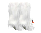 A pair of white faux-fur socks with swan heads on toes peeking out from the lower right side, shown on a plain white background.