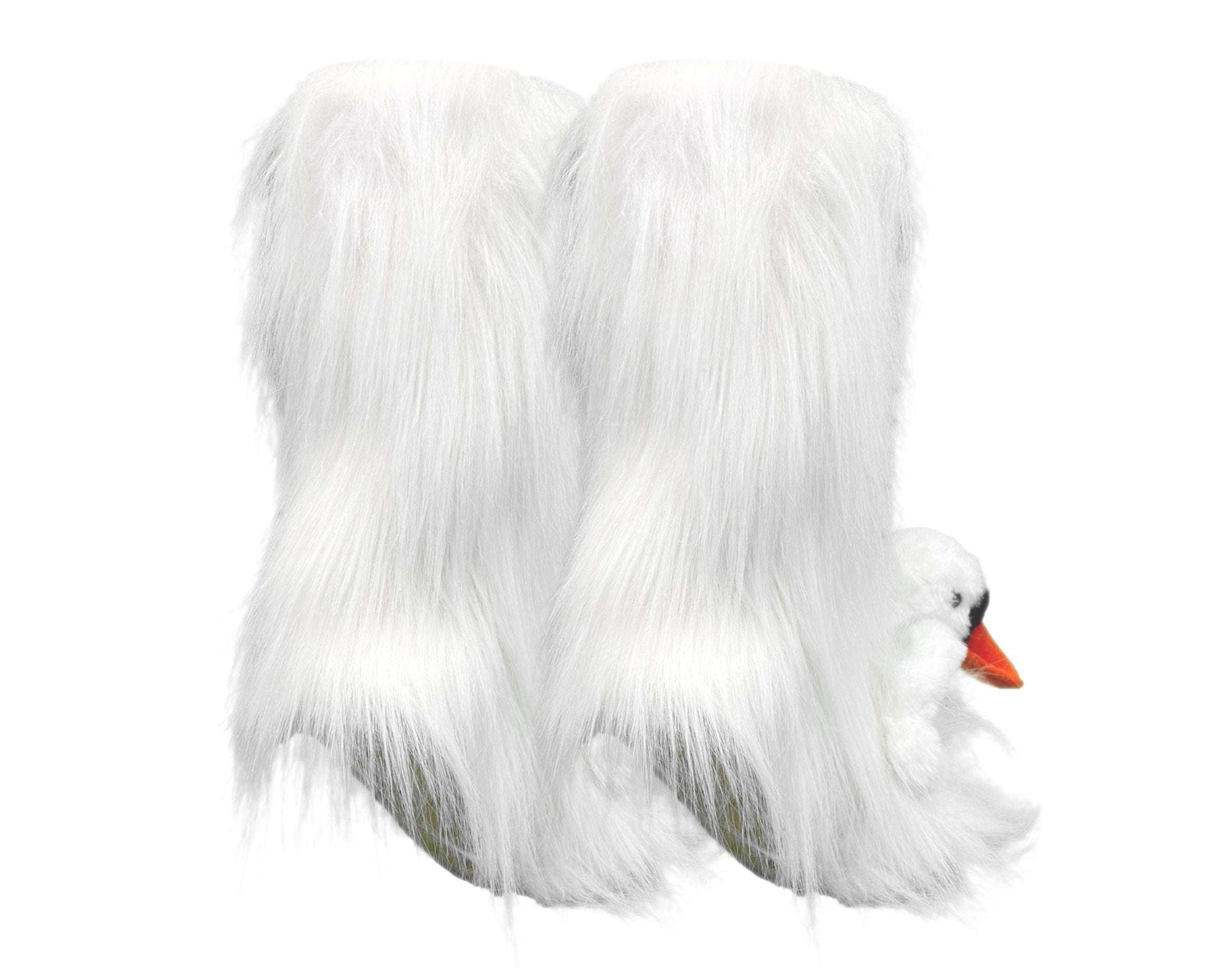 A pair of white faux-fur socks with swan heads on toes peeking out from the lower right side, shown on a plain white background.