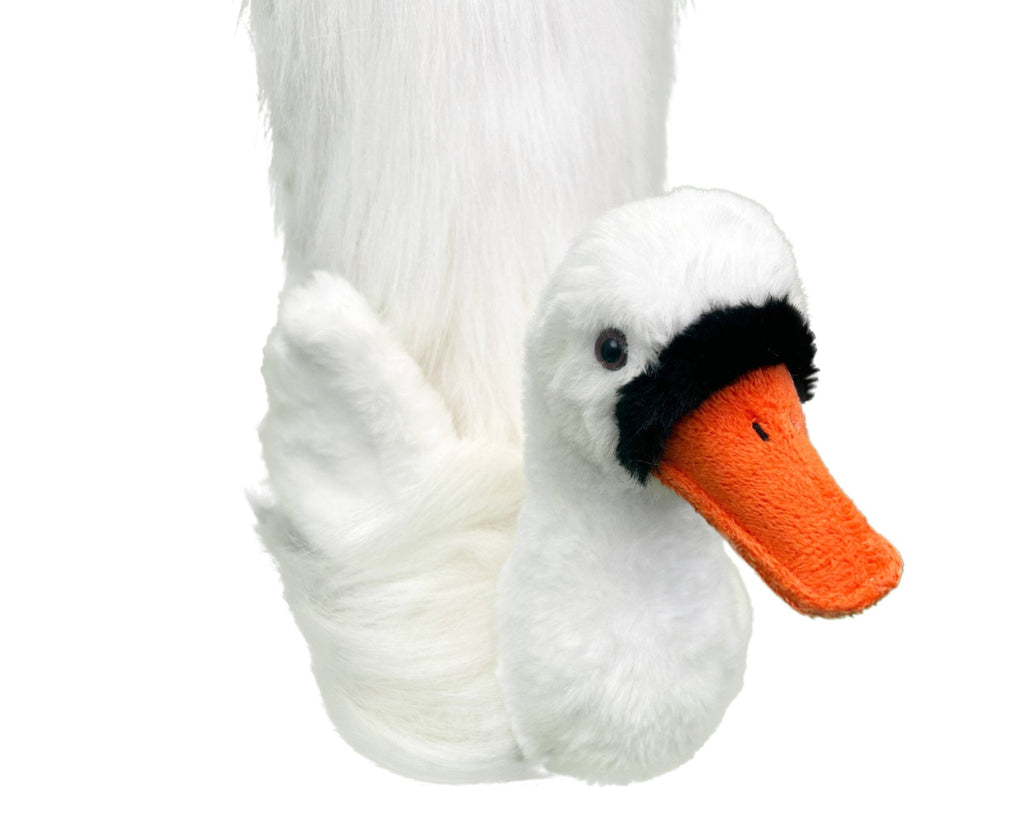 A white plush sock with a swan head that has a bright orange beak and black facial marking, and a wing, shown against a plain white background.