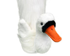 A white plush sock with a swan head that has a bright orange beak and black facial marking, and a wing, shown against a plain white background.