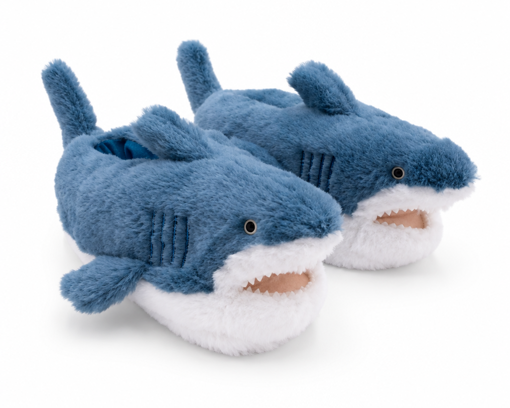 A pair of plush shark-shaped slippers in blue and white, photographed on a clean white background.