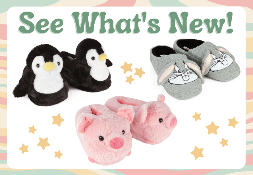 Plush slippers shaped like penguins, Bugs Bunny, and a pig on a colorful background with 'See What's New!' text.