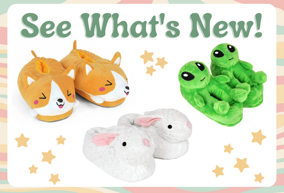 Promotional banner featuring three pair of animal slippers with text that reads "See What's New!"