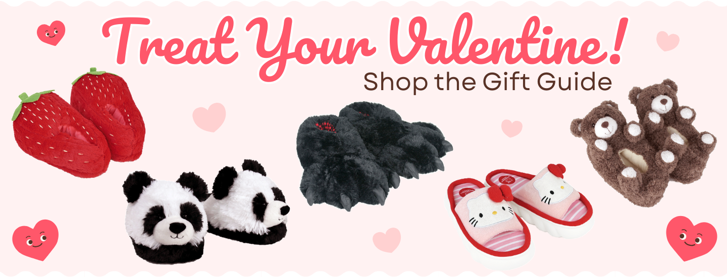 Images of five pair of slippers with heart graphics and text that reads "Treat your valentine!  Shop the Gift Guide"