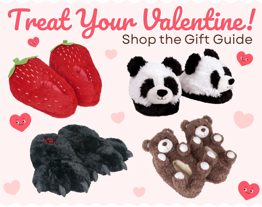 Images of four pair of slippers with heart graphics and text that reads "Treat your valentine!  Shop the Gift Guide"
