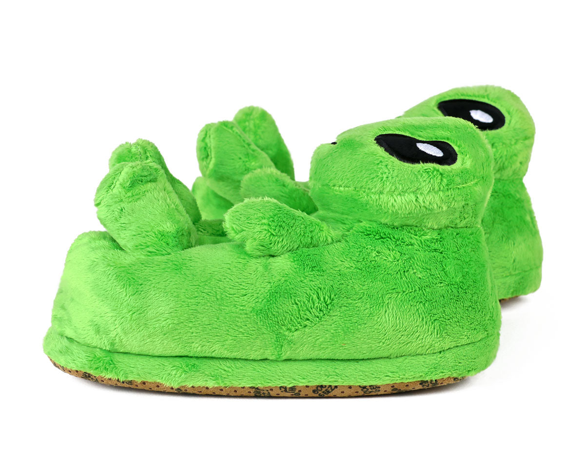 Green alien slippers on a white background seen from the side