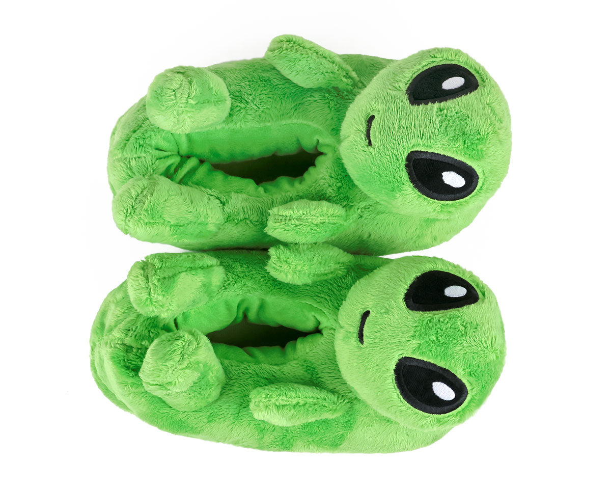 Green alien-shaped slippers on a white background seen from above