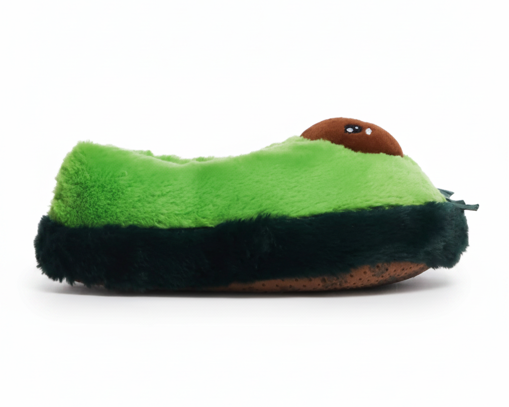 Green plush avocado slipper on a white background