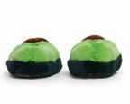 Back view of a pair of green plush avocado slippers on a white background