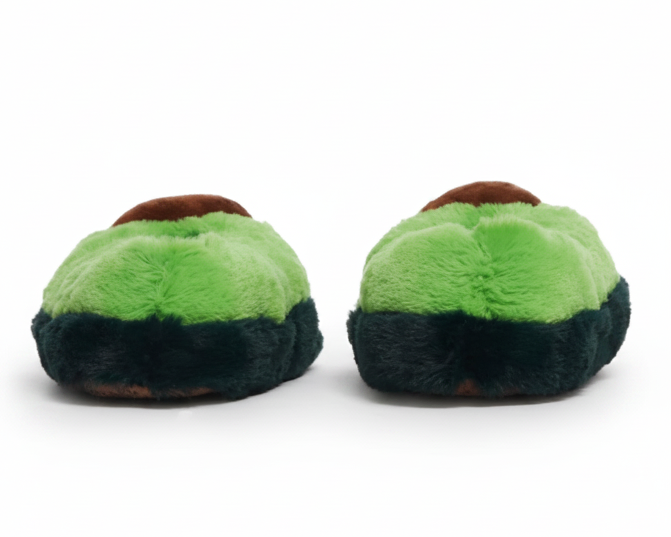 Back view of a pair of green plush avocado slippers on a white background