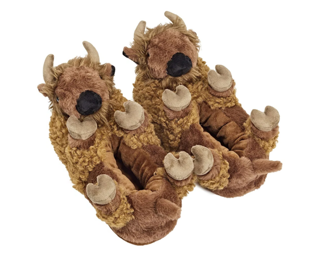Pair of plush bison slippers with horns, hooves and black noses