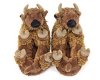 Pair of plush bison slippers seen from above