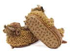 Pair of plush bison slippers with one flipped over to show the faux suede sole with non-slip grips