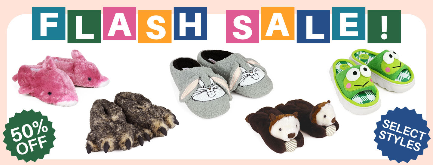 Flash sale banner with five pair of animal slippers and promotional text on a pink background