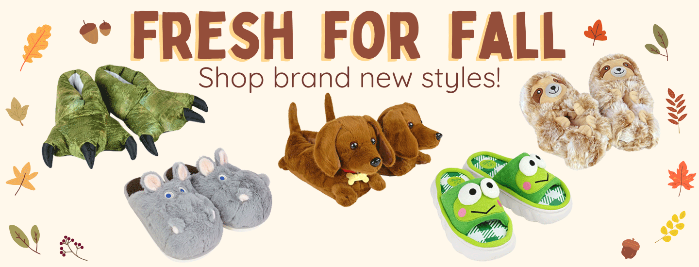 Promotional banner for 'Fresh for Fall' with various animal-themed slippers on a white background with illustrated fall leaves