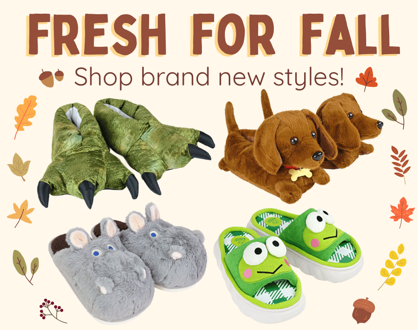 Animal-themed slippers with promotional text 'Fresh for Fall' on a light background with autumn leaves.