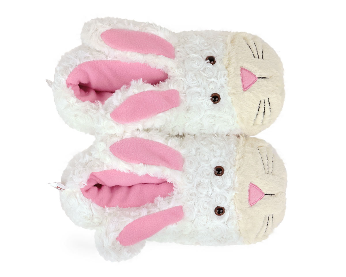 Pair of plush bunny slippers with pink ears on a white background, as seen from above