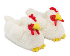 Pair of plush sippers shaped like chickens with white feathery textured plush, red faces and combs, and yellow beaks and feet.