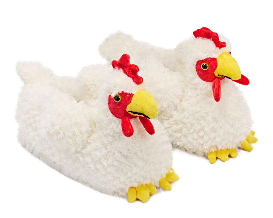 Pair of plush sippers shaped like chickens with white feathery textured plush, red faces and combs, and yellow beaks and feet.